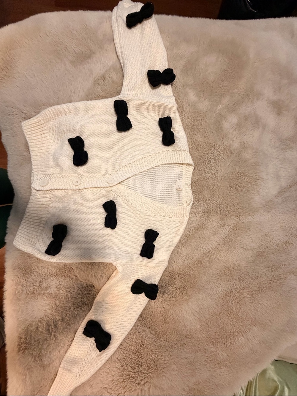 Dreamers Ivory Cardigan with Black Bow Appliqués